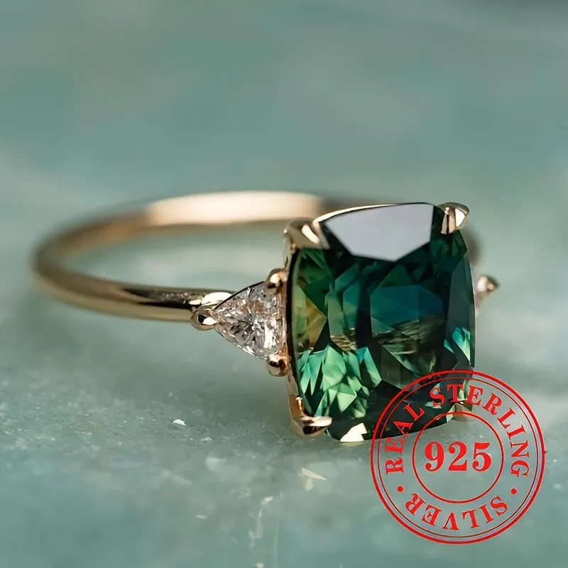 925 Silver Green Gemstone Ring for Women - Retro Design