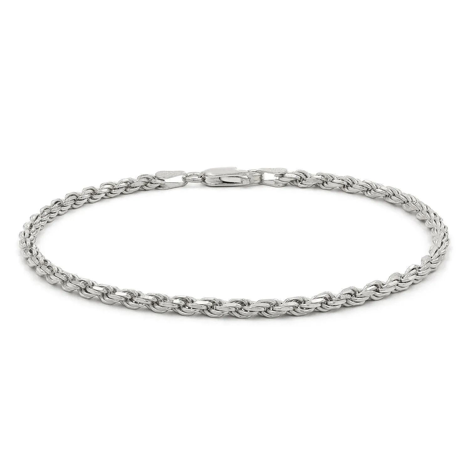 925 Sterling Silver 3mm Solid Rope Diamond Cut Rhodium Bracelet