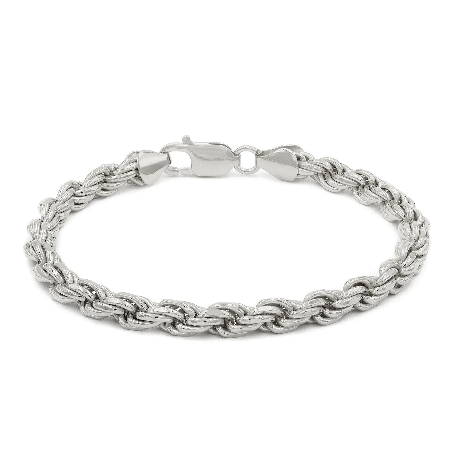 925 Sterling Silver 5.5mm Solid Rope Diamond Cut Rhodium Bracelet