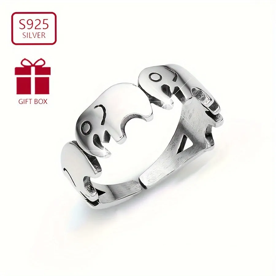 925 Sterling Silver Elephant Open Ring for Women