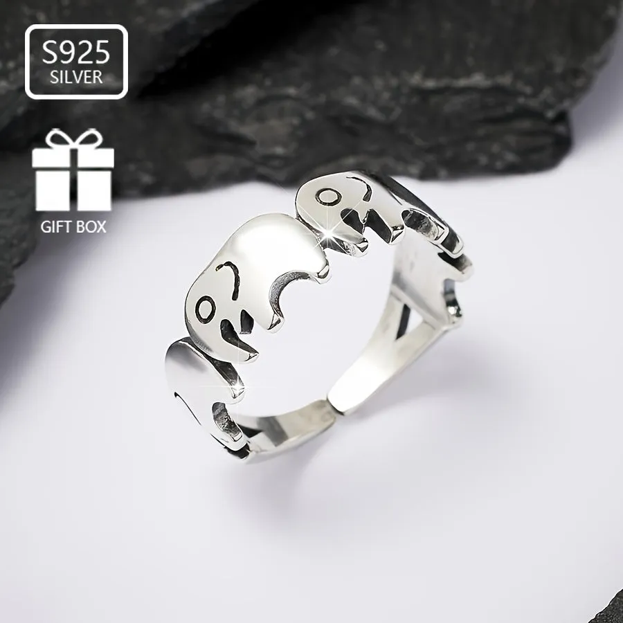 925 Sterling Silver Elephant Open Ring for Women