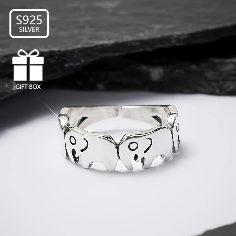 925 Sterling Silver Elephant Open Ring for Women