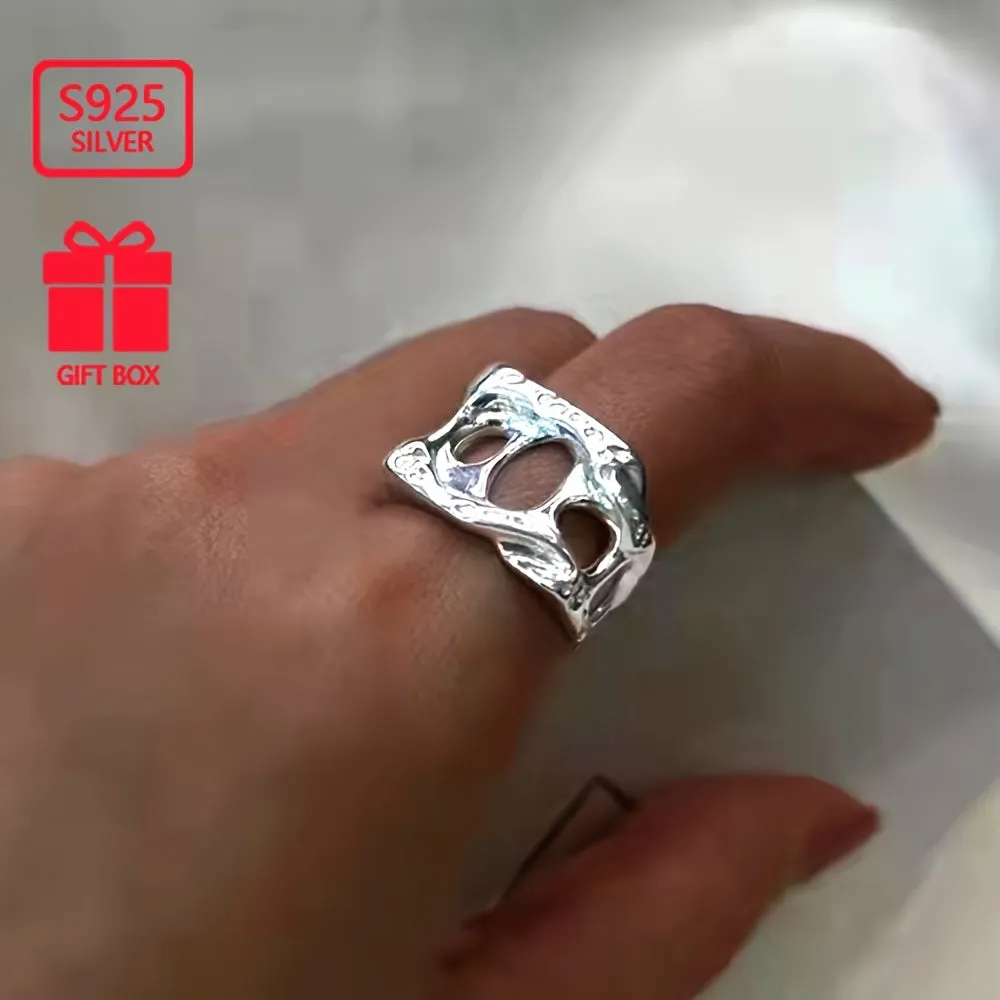 925 Sterling Silver Wide Face Ring Retro Square Texture Hollow Opening