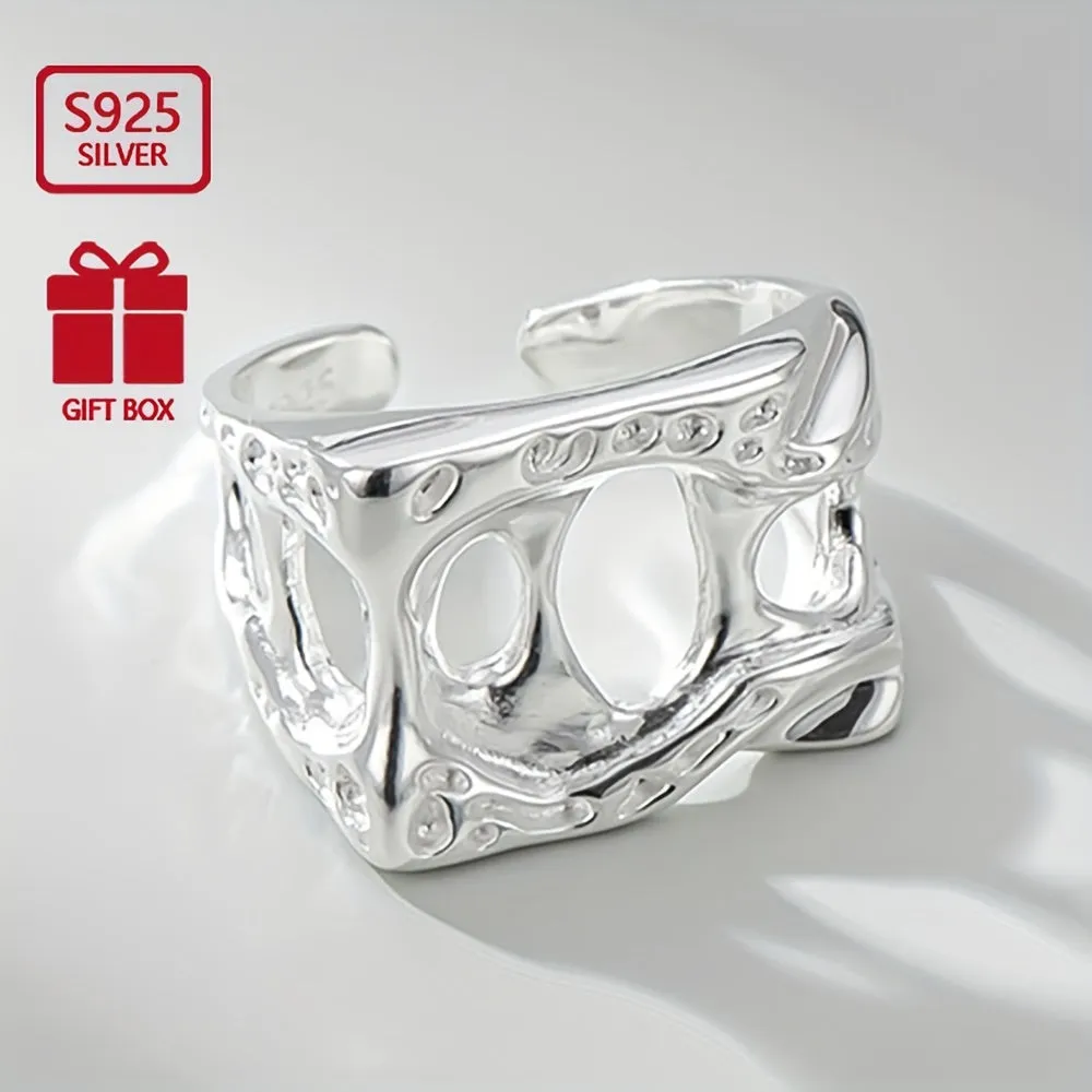 925 Sterling Silver Wide Face Ring Retro Square Texture Hollow Opening