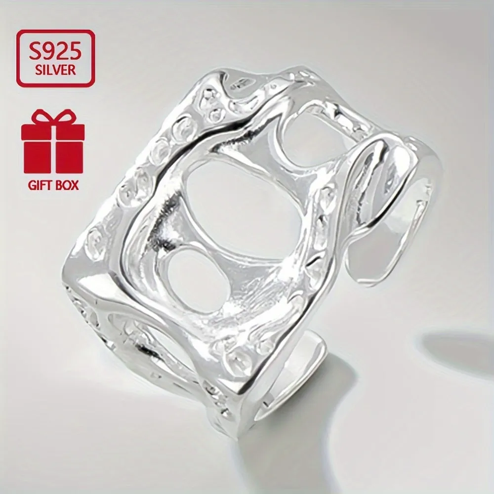 925 Sterling Silver Wide Face Ring Retro Square Texture Hollow Opening