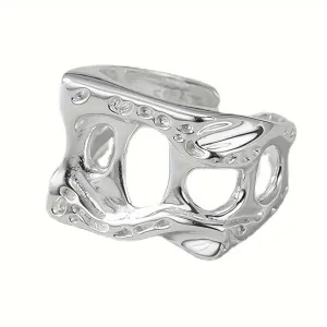925 Sterling Silver Wide Face Ring Retro Square Texture Hollow Opening