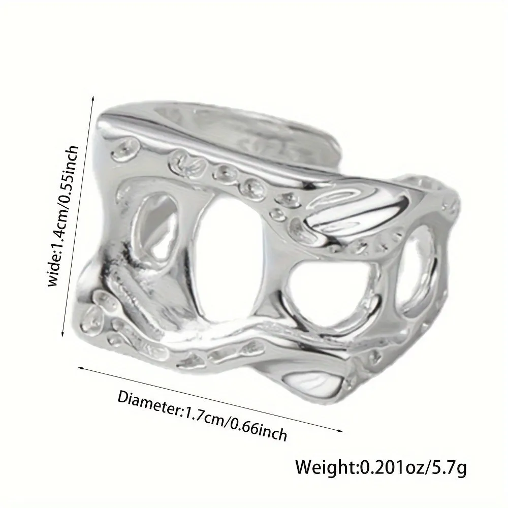 925 Sterling Silver Wide Face Ring Retro Square Texture Hollow Opening