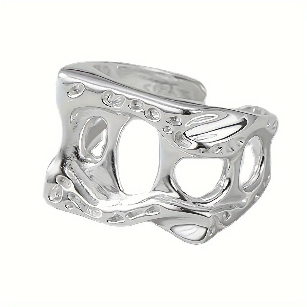925 Sterling Silver Wide Face Ring Retro Square Texture Hollow Opening