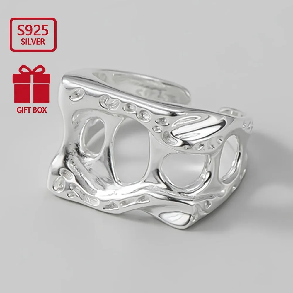 925 Sterling Silver Wide Face Ring Retro Square Texture Hollow Opening