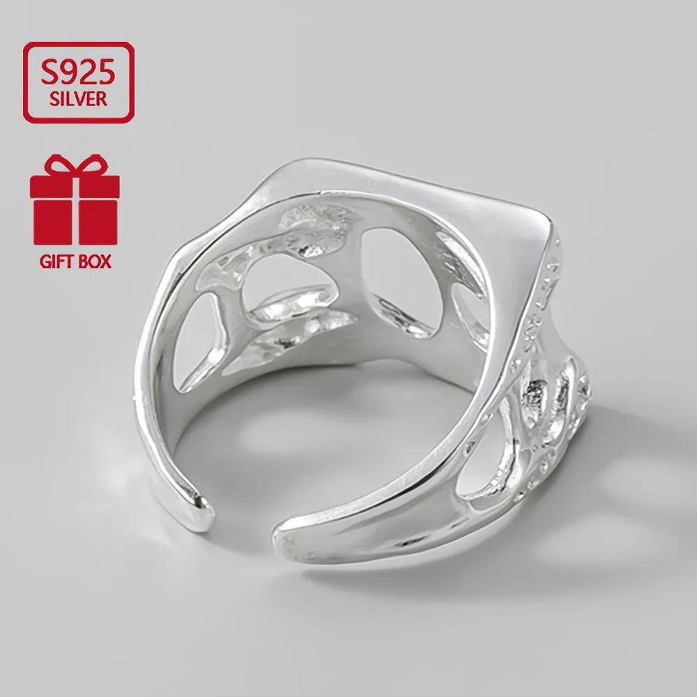 925 Sterling Silver Wide Face Ring Retro Square Texture Hollow Opening
