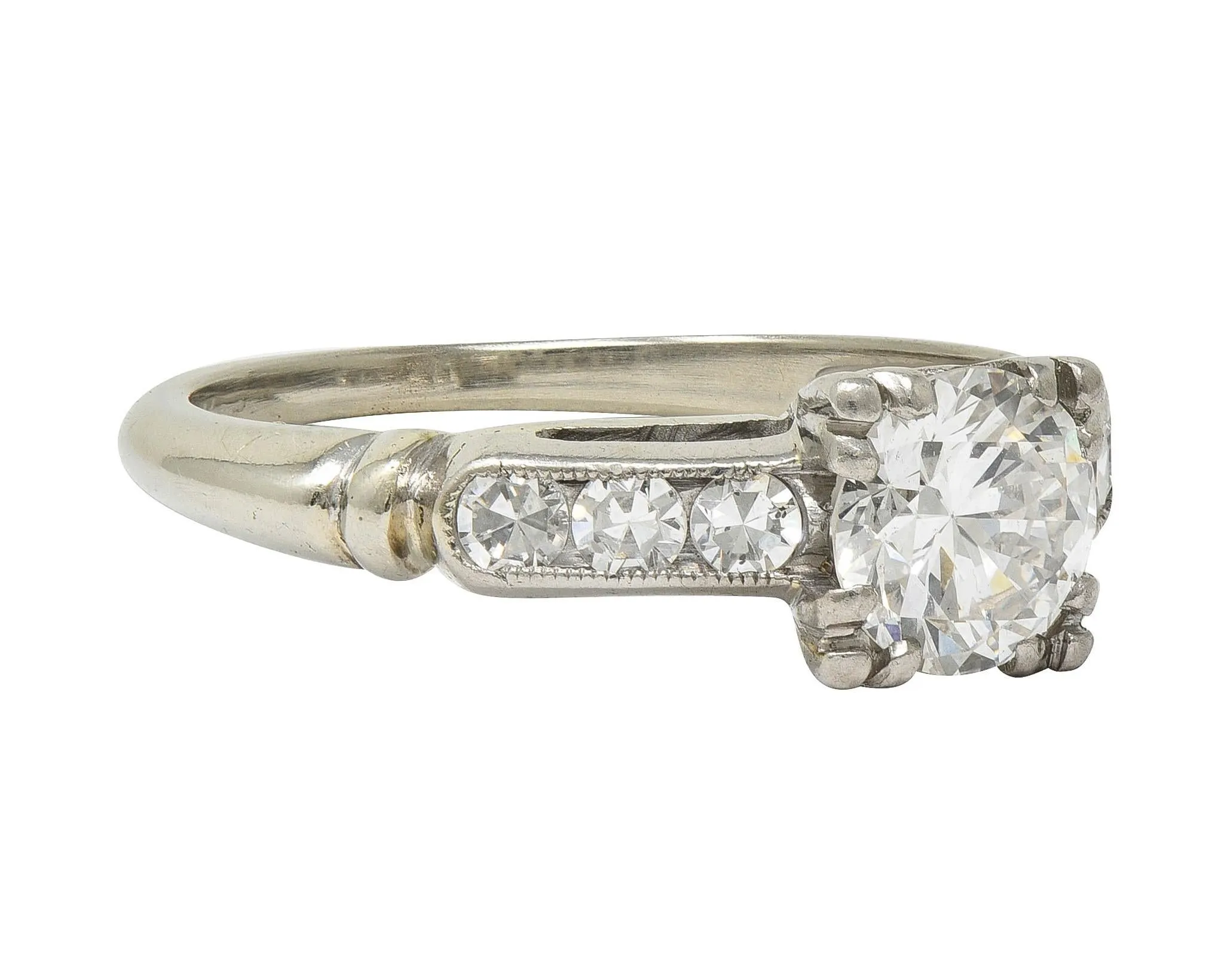 Abel Bros & Co. Retro 1.03 CTW Transitional Cut Diamond 18 Karat White Gold Square Form Notched Vintage Engagement Ring