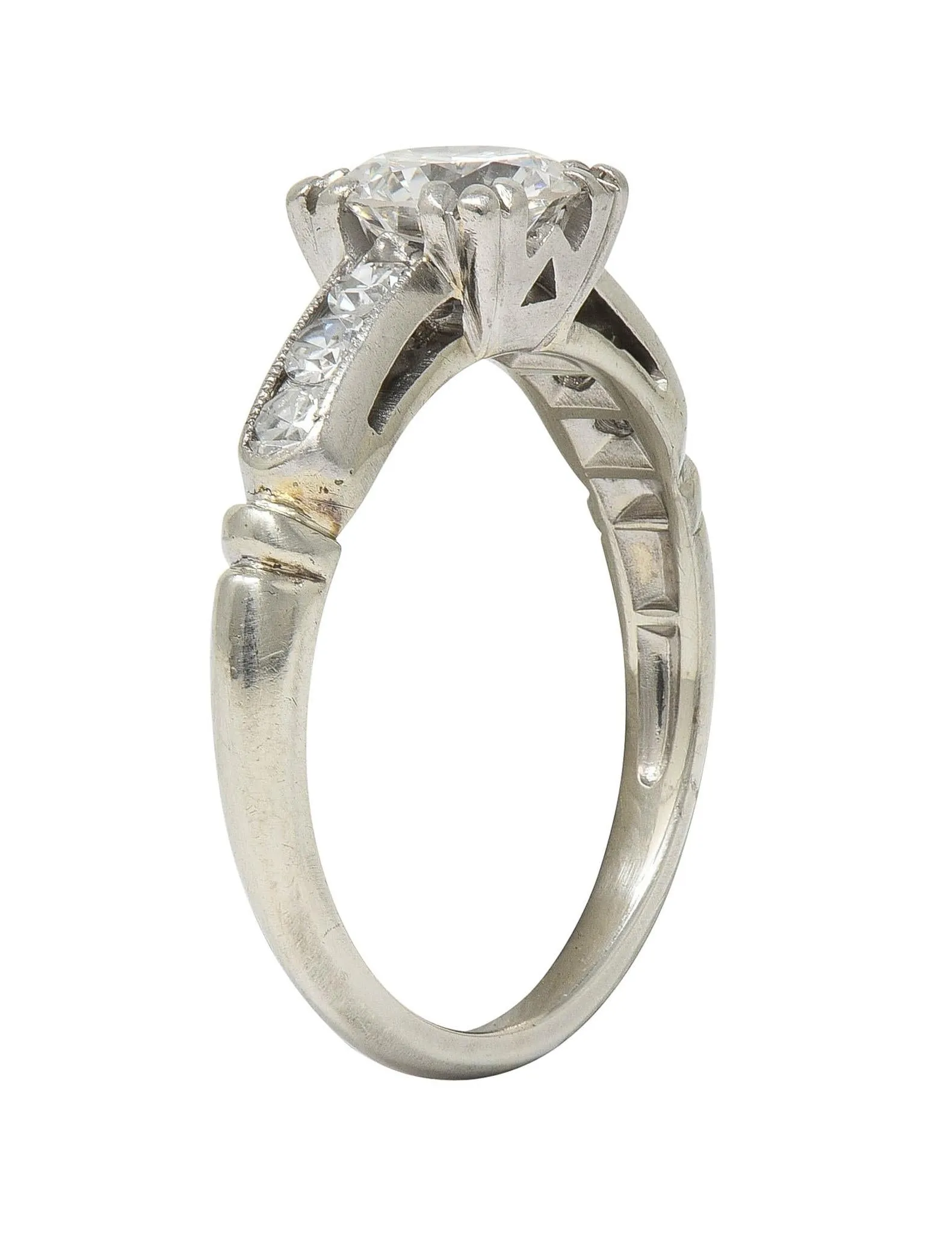 Abel Bros & Co. Retro 1.03 CTW Transitional Cut Diamond 18 Karat White Gold Square Form Notched Vintage Engagement Ring