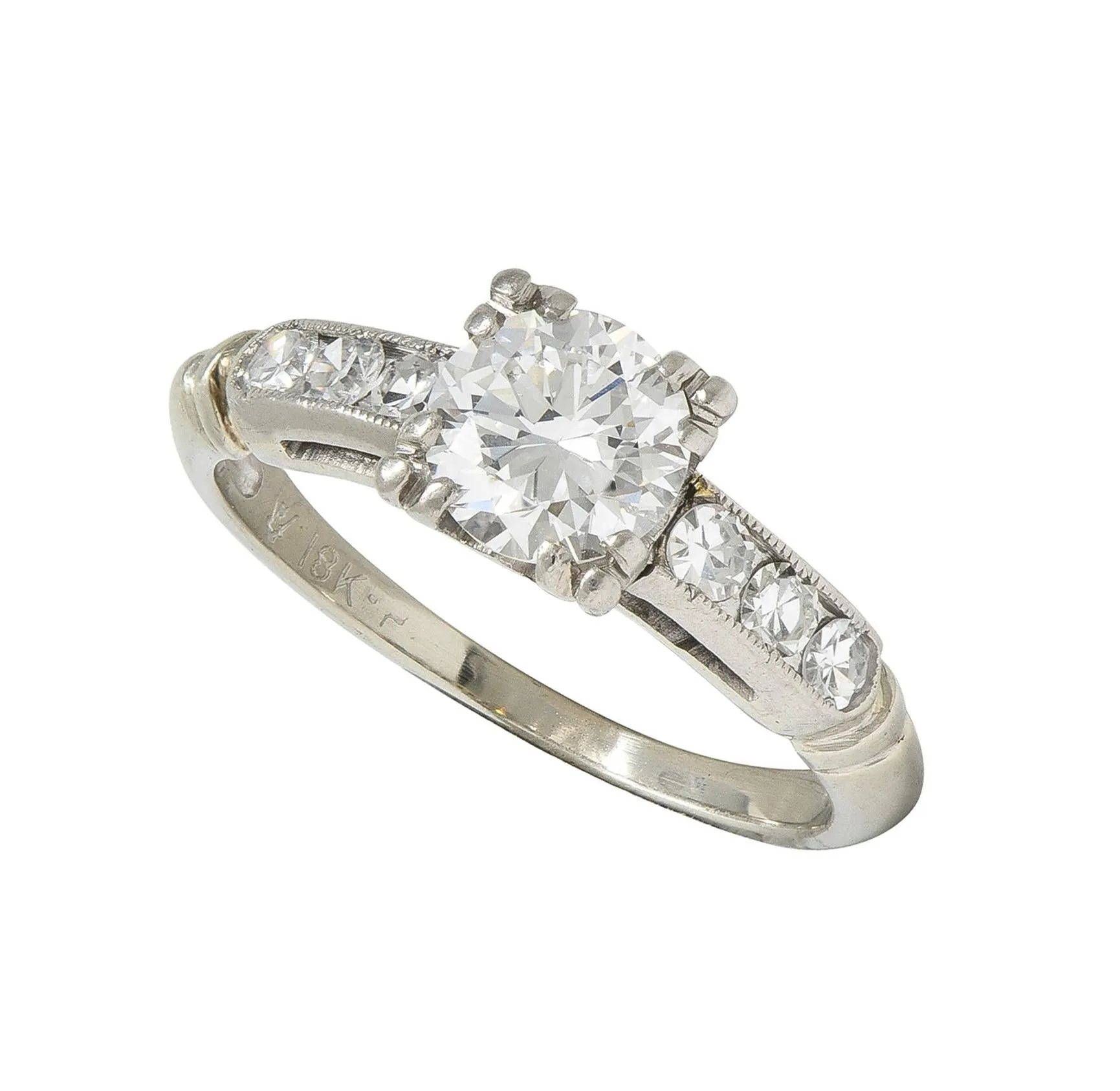 Abel Bros & Co. Retro 1.03 CTW Transitional Cut Diamond 18 Karat White Gold Square Form Notched Vintage Engagement Ring