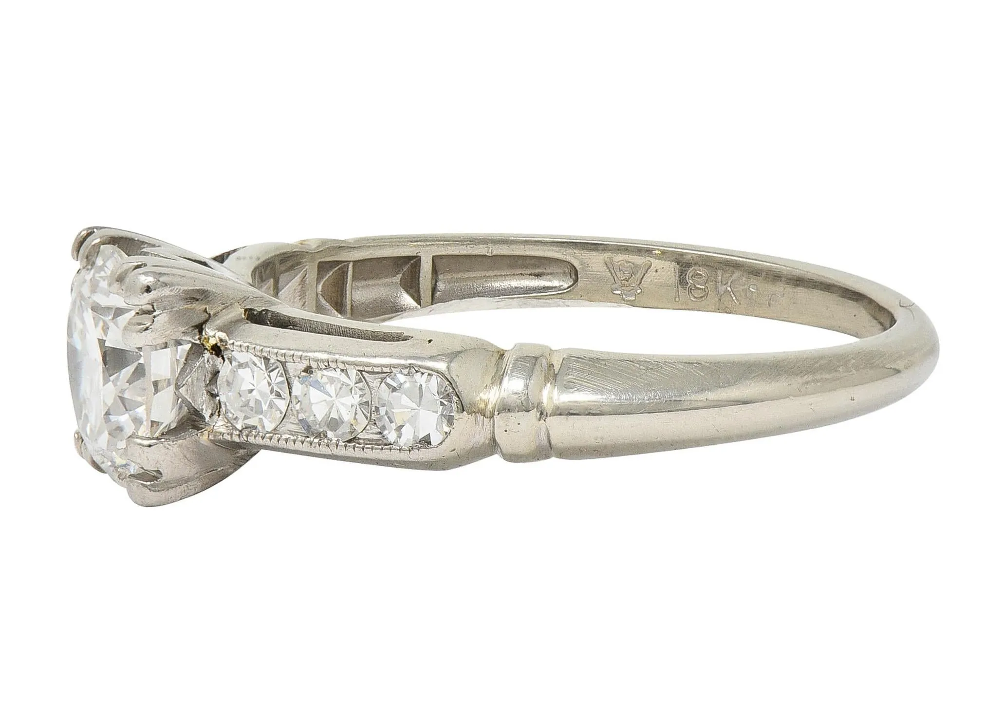 Abel Bros & Co. Retro 1.03 CTW Transitional Cut Diamond 18 Karat White Gold Square Form Notched Vintage Engagement Ring
