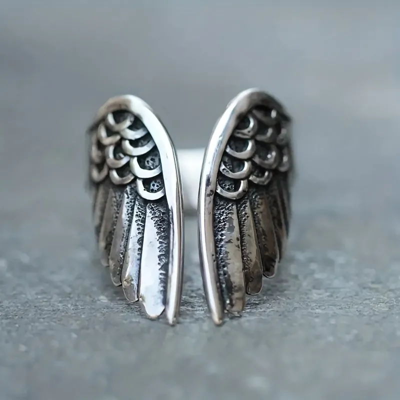 Alloy Dyed Open Ring Retro Angel Wings Ring For Men