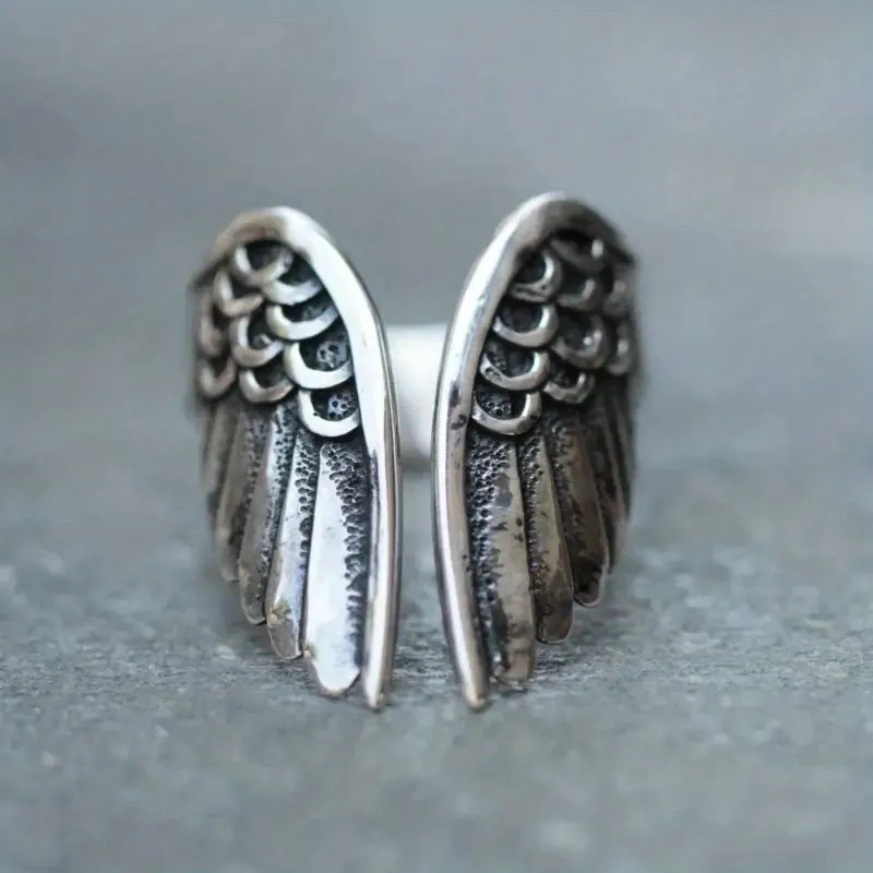 Alloy Dyed Open Ring Retro Angel Wings Ring For Men