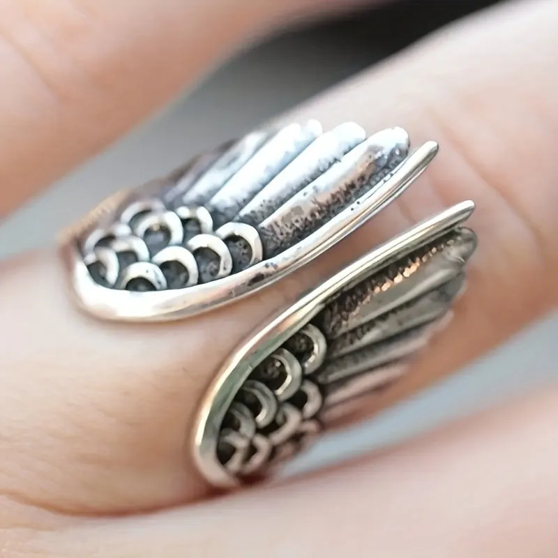 Alloy Dyed Open Ring Retro Angel Wings Ring For Men