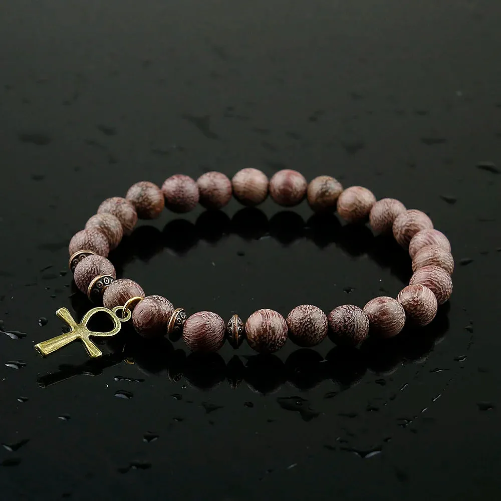 Ancient Egypt Bracelet - Wood Beads With Copper/Silver Ankh Cross