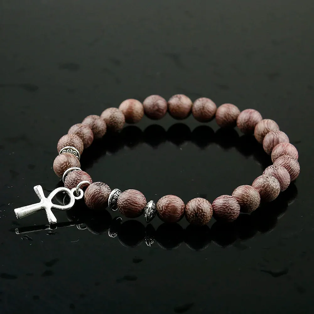 Ancient Egypt Bracelet - Wood Beads With Copper/Silver Ankh Cross