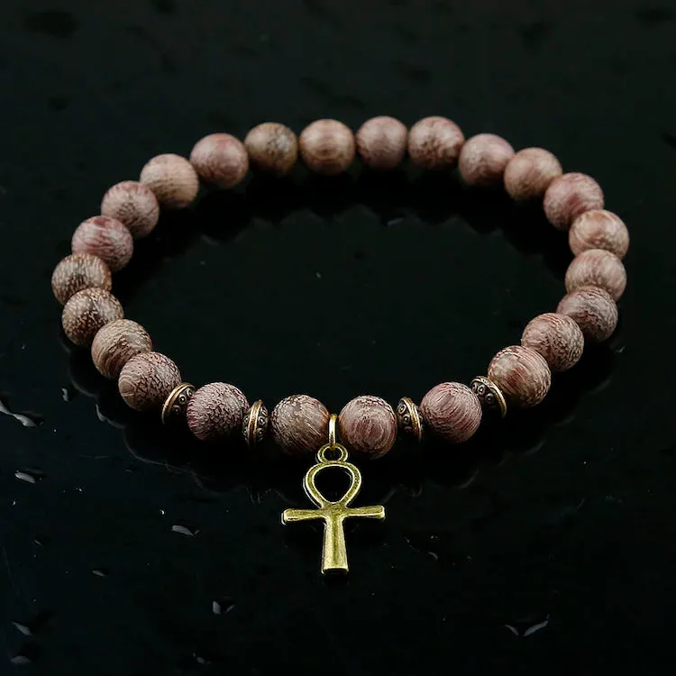 Ancient Egypt Bracelet - Wood Beads With Copper/Silver Ankh Cross