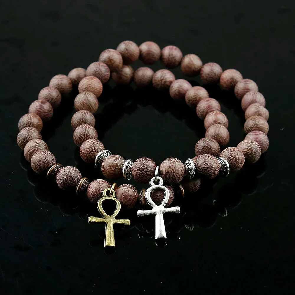 Ancient Egypt Bracelet - Wood Beads With Copper/Silver Ankh Cross