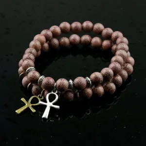 Ancient Egypt Bracelet - Wood Beads With Copper/Silver Ankh Cross
