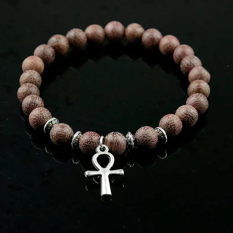 Ancient Egypt Bracelet - Wood Beads With Copper/Silver Ankh Cross