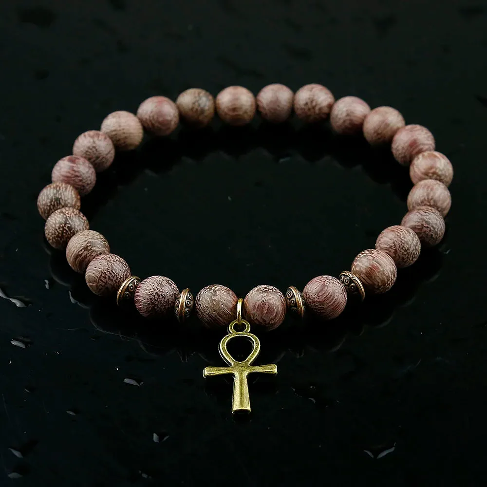 Ancient Egypt Bracelet - Wood Beads With Copper/Silver Ankh Cross