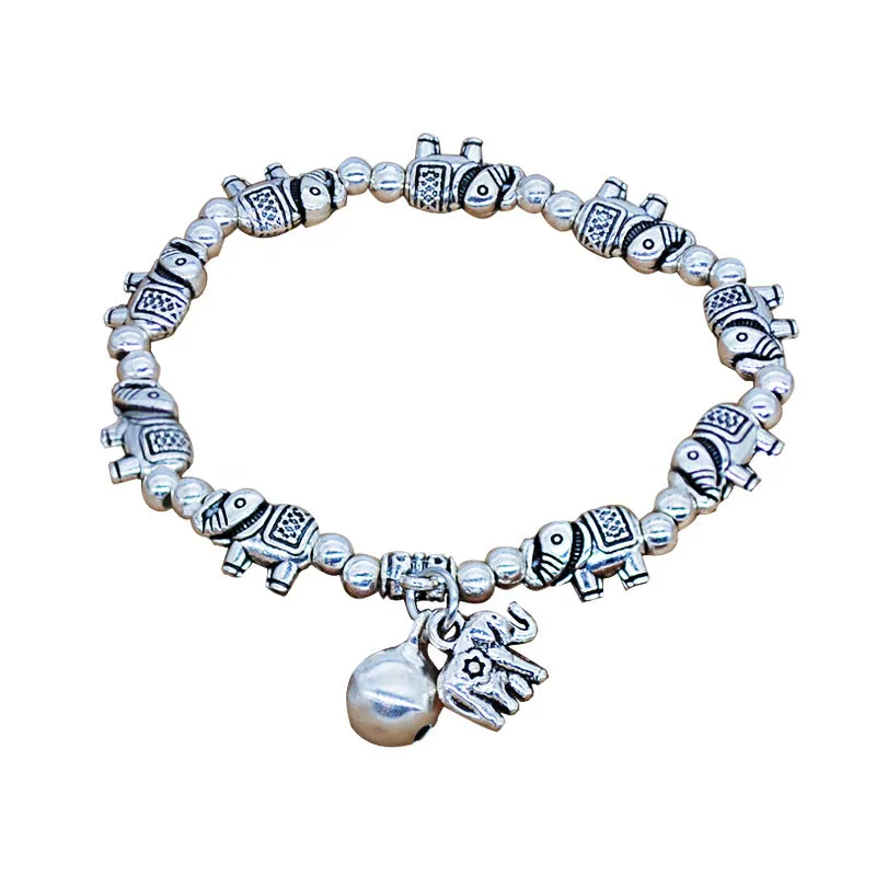 Ancient Silver Tibetan Beaded Bracelet National Wind Auspicious Pendant Elastic Rope Bracelet