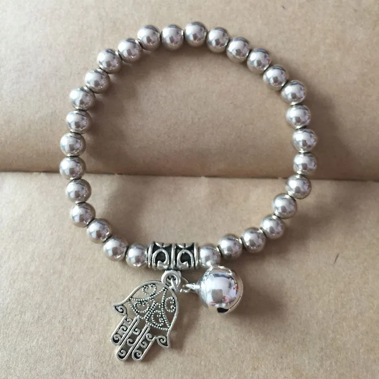 Ancient Silver Tibetan Beaded Bracelet National Wind Auspicious Pendant Elastic Rope Bracelet
