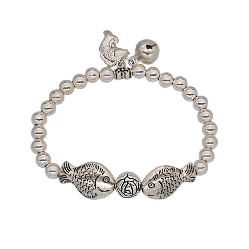 Ancient Silver Tibetan Beaded Bracelet National Wind Auspicious Pendant Elastic Rope Bracelet
