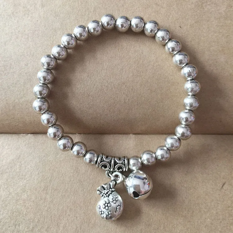 Ancient Silver Tibetan Beaded Bracelet National Wind Auspicious Pendant Elastic Rope Bracelet