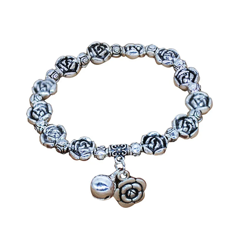 Ancient Silver Tibetan Beaded Bracelet National Wind Auspicious Pendant Elastic Rope Bracelet