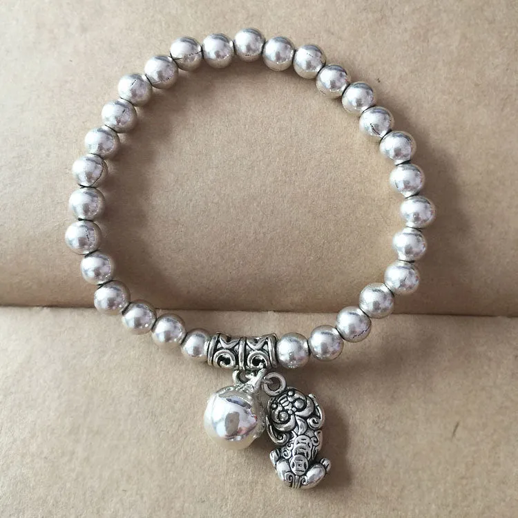 Ancient Silver Tibetan Beaded Bracelet National Wind Auspicious Pendant Elastic Rope Bracelet