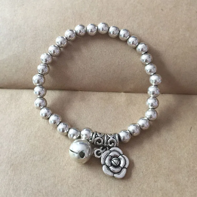 Ancient Silver Tibetan Beaded Bracelet National Wind Auspicious Pendant Elastic Rope Bracelet