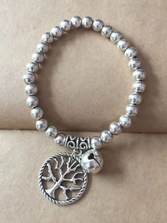 Ancient Silver Tibetan Beaded Bracelet National Wind Auspicious Pendant Elastic Rope Bracelet