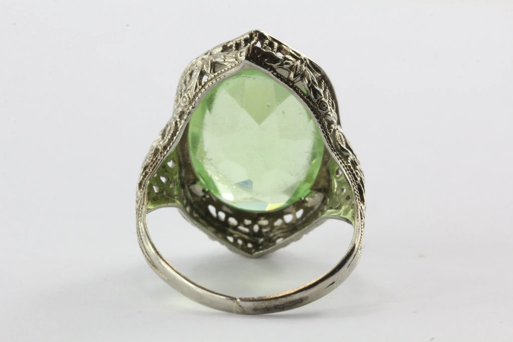 Antique 10K White Gold Green Stone Edwardian Chunky Ring