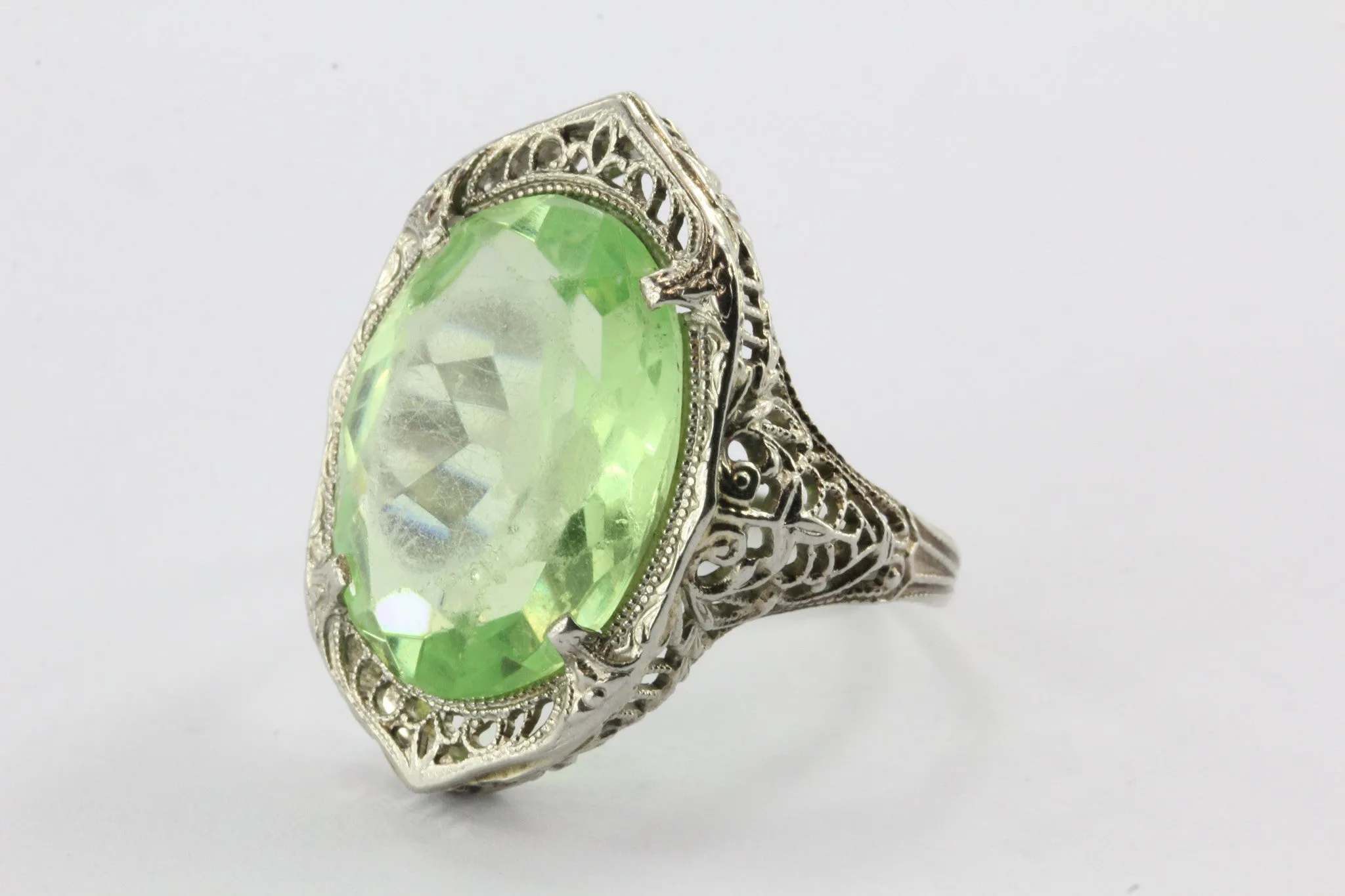 Antique 10K White Gold Green Stone Edwardian Chunky Ring