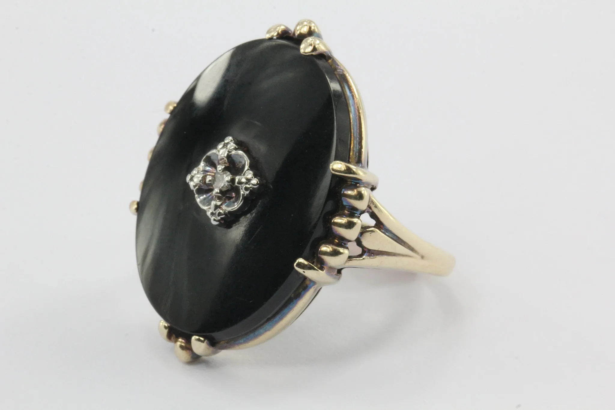 Antique 1930's Victorian Revival 14K Gold Onyx & Diamond Chunky Ring