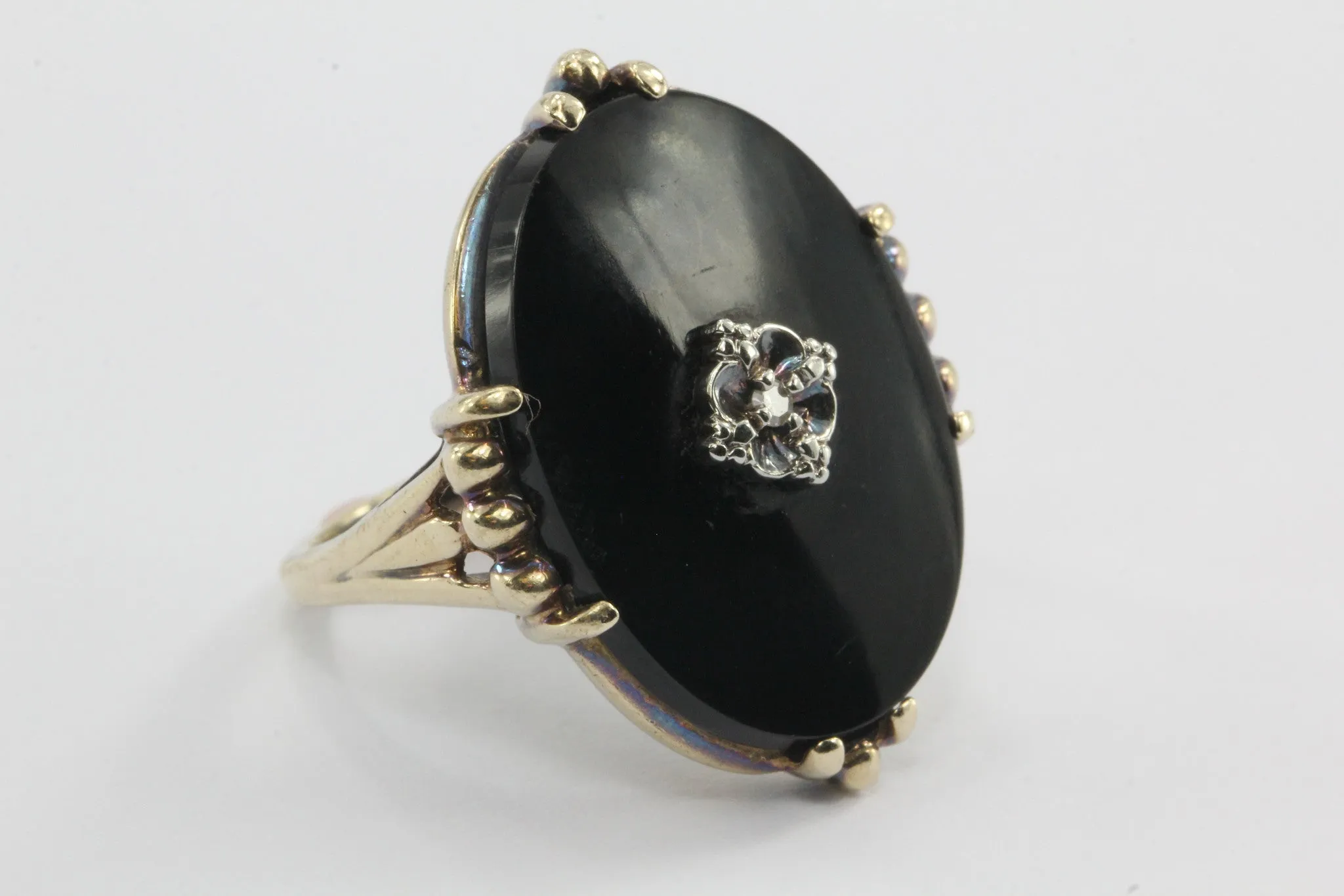 Antique 1930's Victorian Revival 14K Gold Onyx & Diamond Chunky Ring