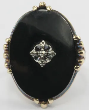 Antique 1930's Victorian Revival 14K Gold Onyx & Diamond Chunky Ring