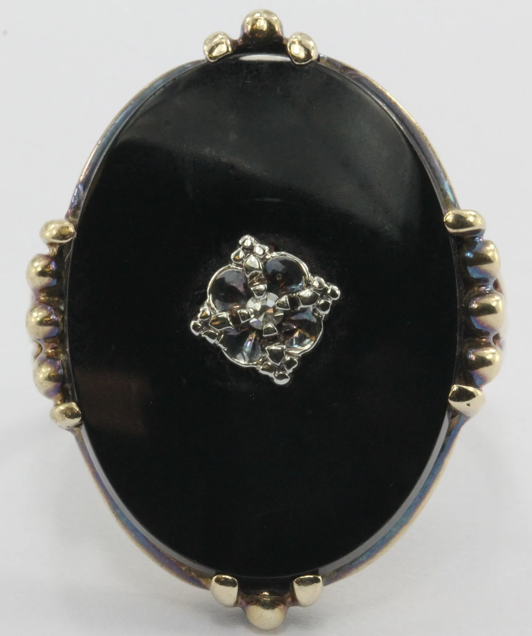 Antique 1930's Victorian Revival 14K Gold Onyx & Diamond Chunky Ring