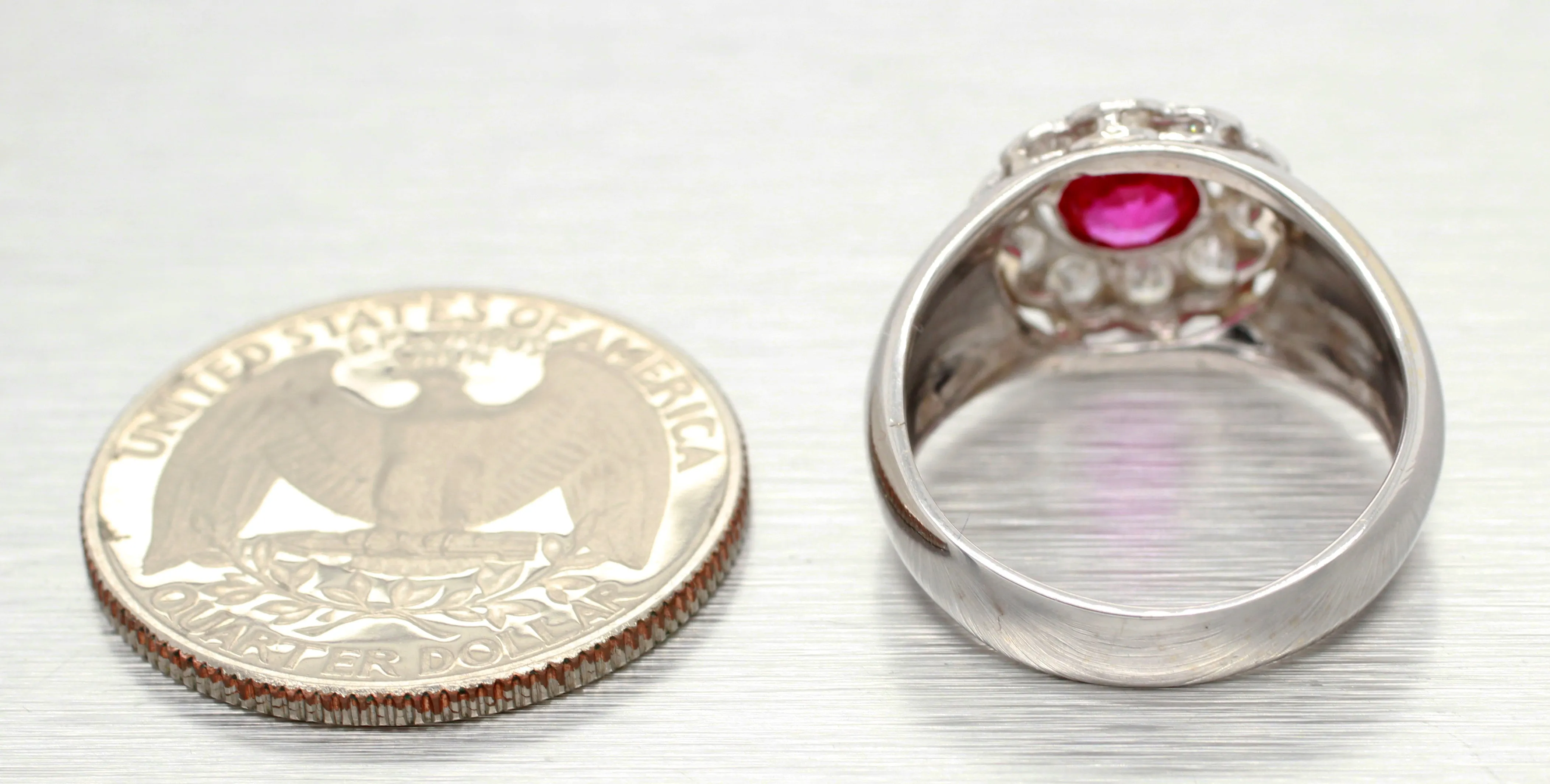 Antique Art Deco 0.75ct Ruby and Diamond Flower Band Ring in 18k White Gold