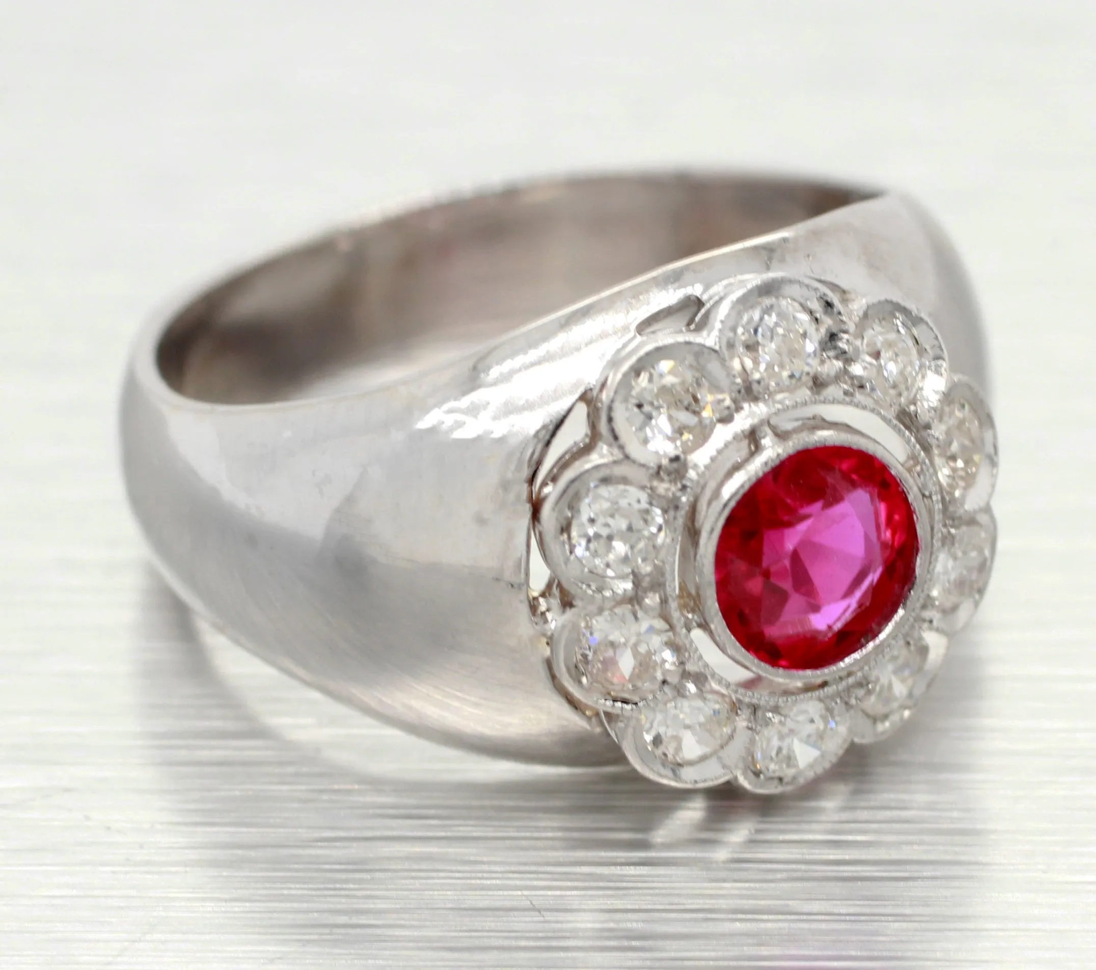 Antique Art Deco 0.75ct Ruby and Diamond Flower Band Ring in 18k White Gold
