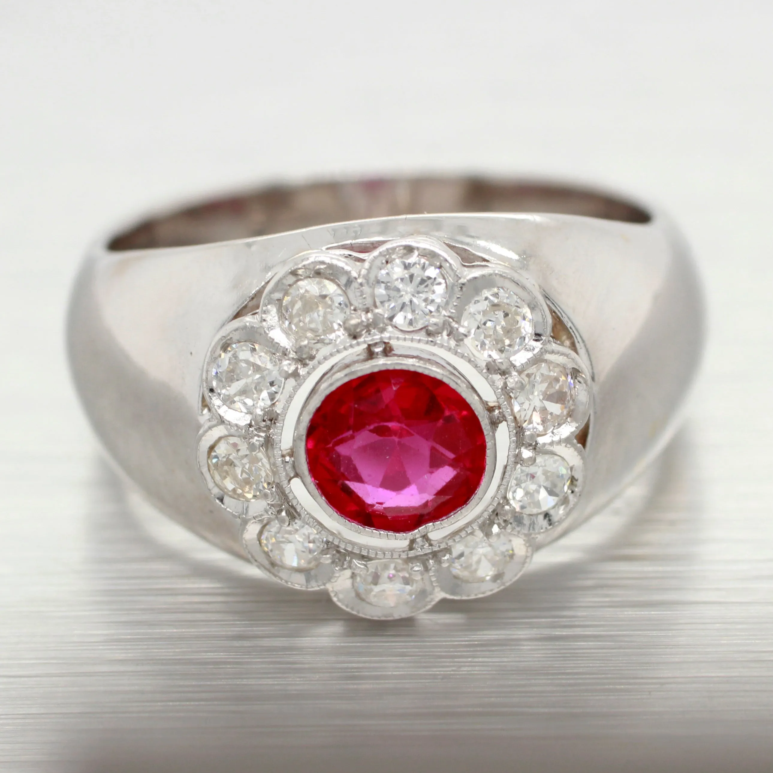 Antique Art Deco 0.75ct Ruby and Diamond Flower Band Ring in 18k White Gold