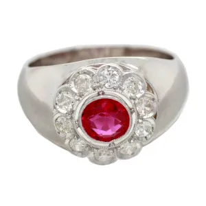 Antique Art Deco 0.75ct Ruby and Diamond Flower Band Ring in 18k White Gold