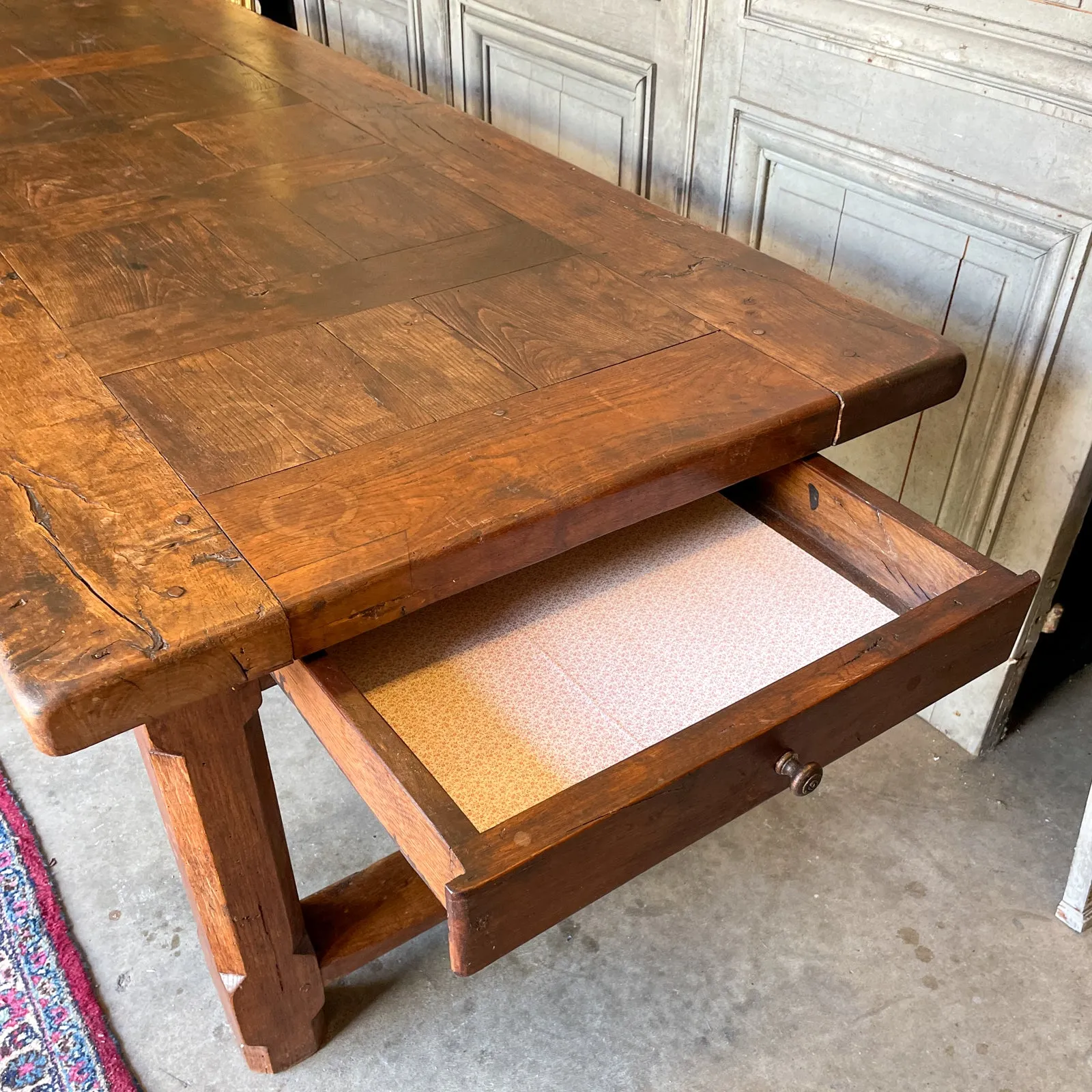 Antique French Oak Farm Table with Drawer & Extension