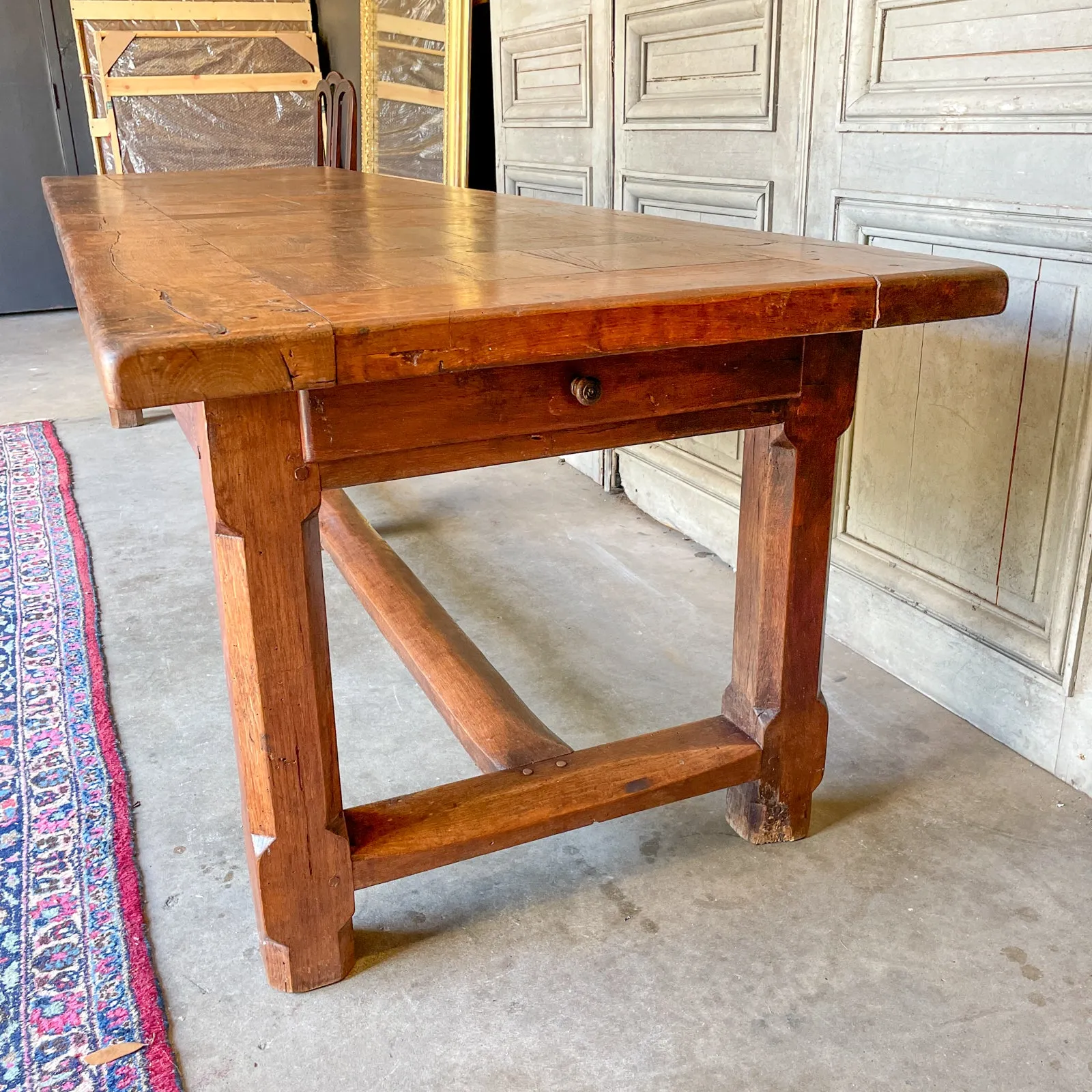 Antique French Oak Farm Table with Drawer & Extension