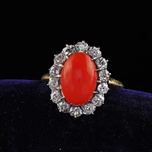 Antique Victorian 18K Yellow Gold Natural Coral Old Mine Diamond Cocktail Ring