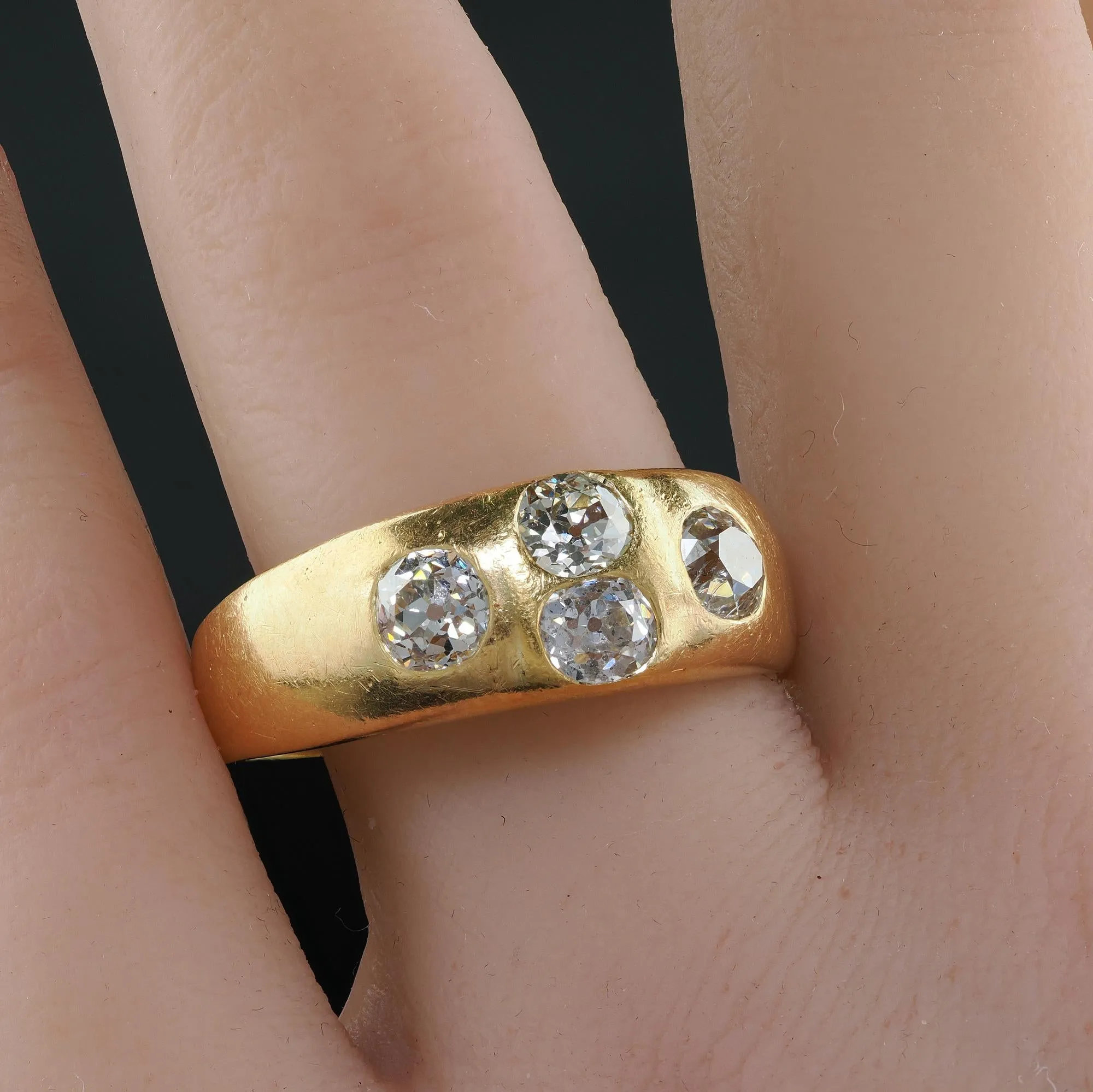 Antique Victorian 18K Yellow Gold Old Mine Diamond Four Stone Gypsy Set Ring